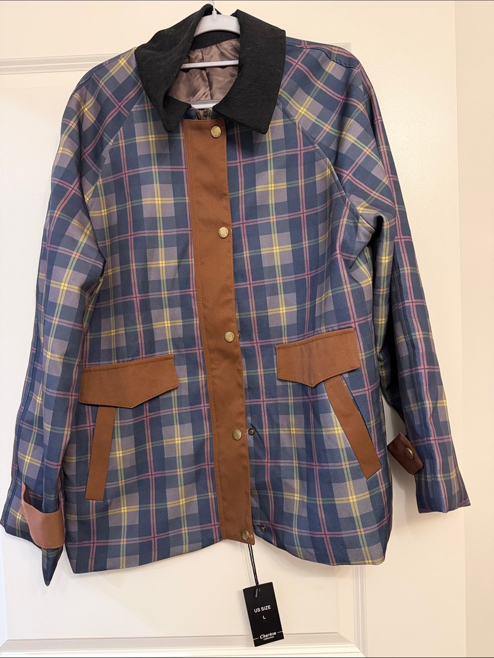 Blue Plaid Lightweight Jacket with Brown Trim